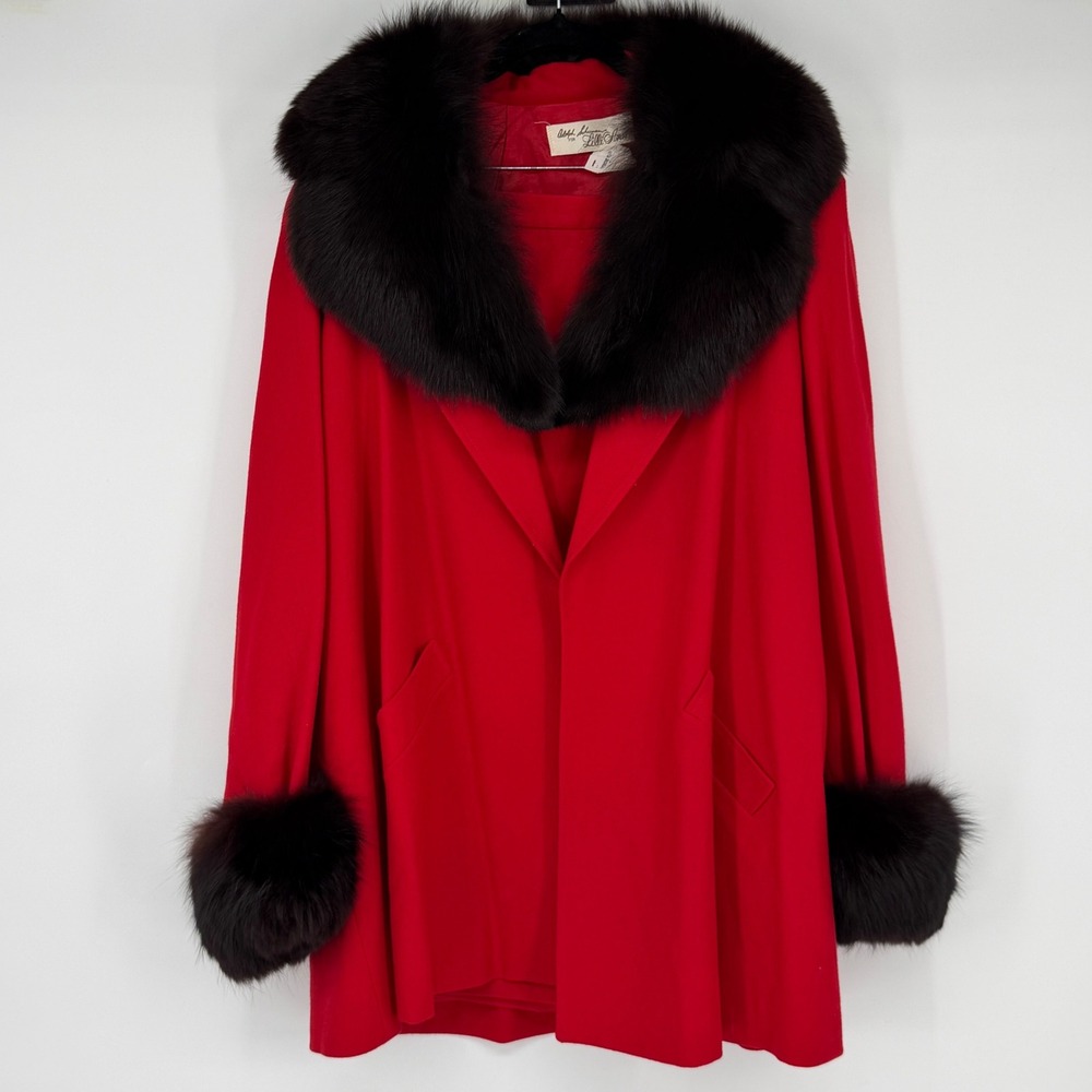 Lilli Ann Adolph Schuman Red Skirt Suit Fur Trim Collar Cuffs Vintage Union Made
